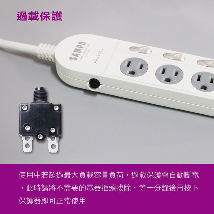 【SAMPO 聲寶】防雷擊六開五插保護蓋USB延長線-4尺(EL-W65R4U3)