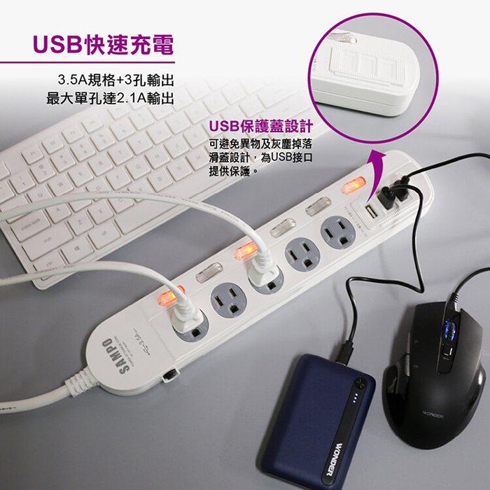 【SAMPO 聲寶】防雷擊六開五插保護蓋USB延長線-4尺(EL-W65R4U3)