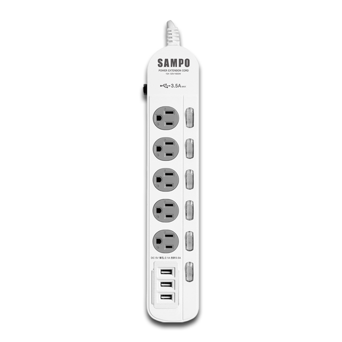 【SAMPO 聲寶】防雷擊六開五插保護蓋USB延長線-4尺(EL-W65R4U3)