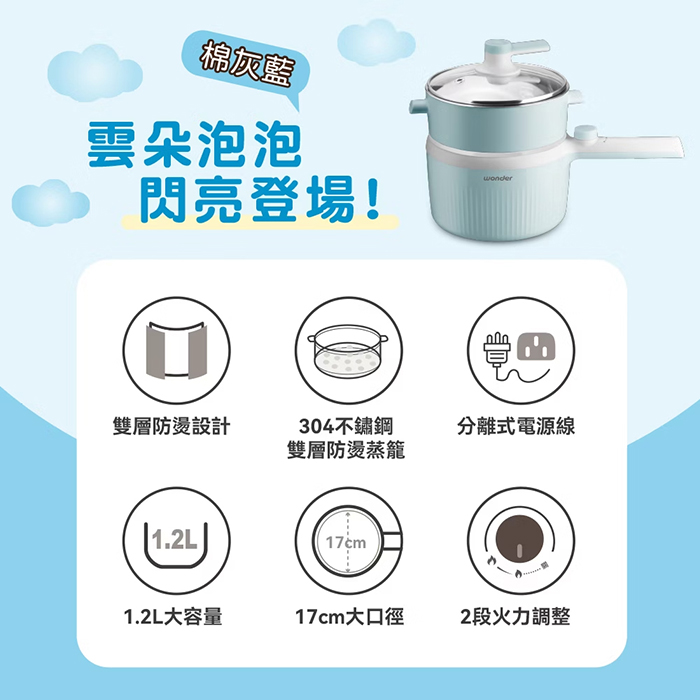 【WONDER 旺德】1.2L 雙層防燙多功能電蒸煮鍋(WH-K68)