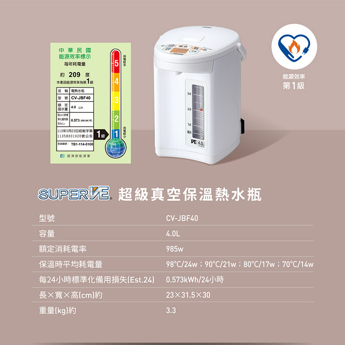 【ZOJIRUSHI 象印】4L微電腦VE超真空保溫省電熱水瓶(CV-JBF40)