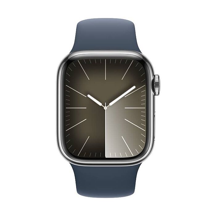 Apple Watch S9 LTE版 45mm(M/L)銀色不鏽鋼錶殼配風暴藍色運動錶帶(MRMP3TA/A)