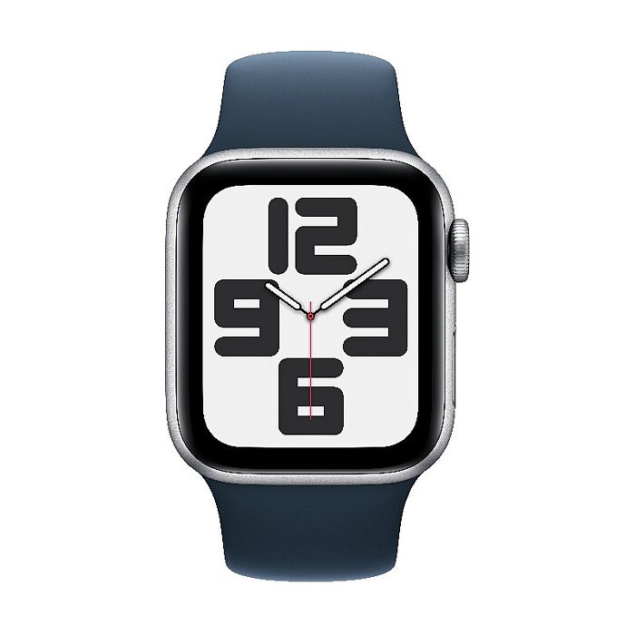 Apple Watch SE(2023) GPS版 40mm(M/L)銀色鋁金屬錶殼配風暴藍色運動錶帶(MRE23TA/A)