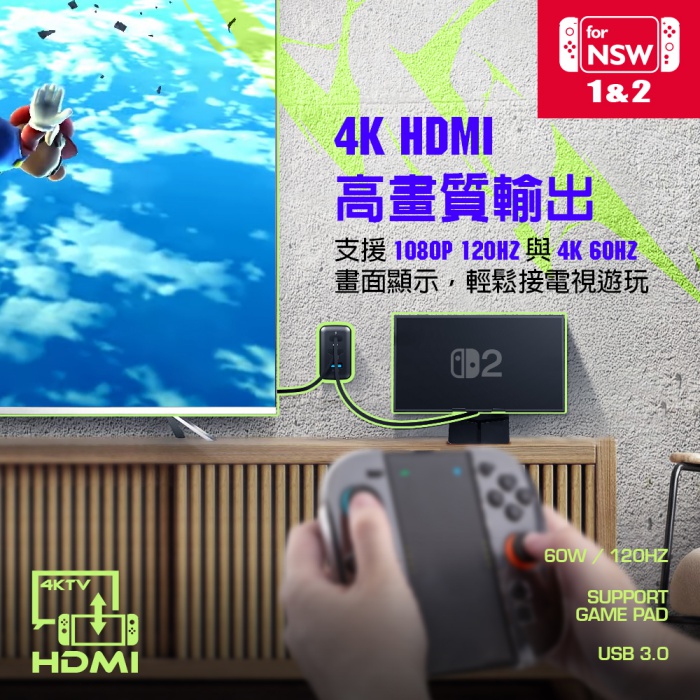 FlashFire SharkpowerⅢ Switch2 PD快充4K視訊轉接器 Switch 1&2代皆適用
