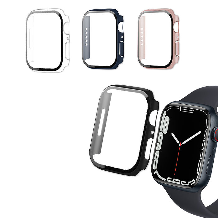 全包覆經典系列 Apple Watch Series 9/8/7 45mm 9H鋼化玻璃貼+錶殼 一體式保護殼