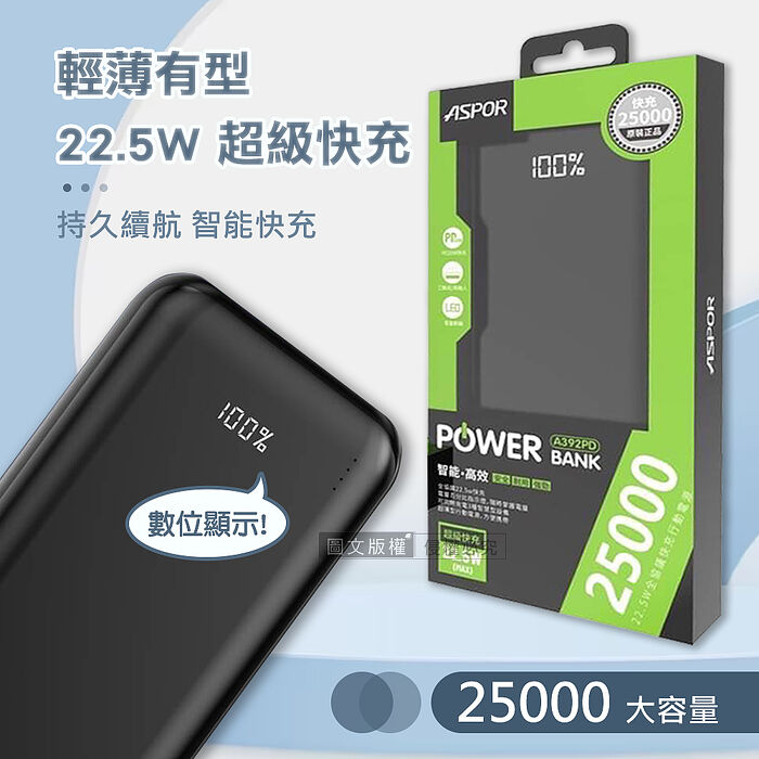 ASPOR 25000輕薄大容量 22.5W超級快充 LED數位顯示 全協議快充行動電源 A392PD