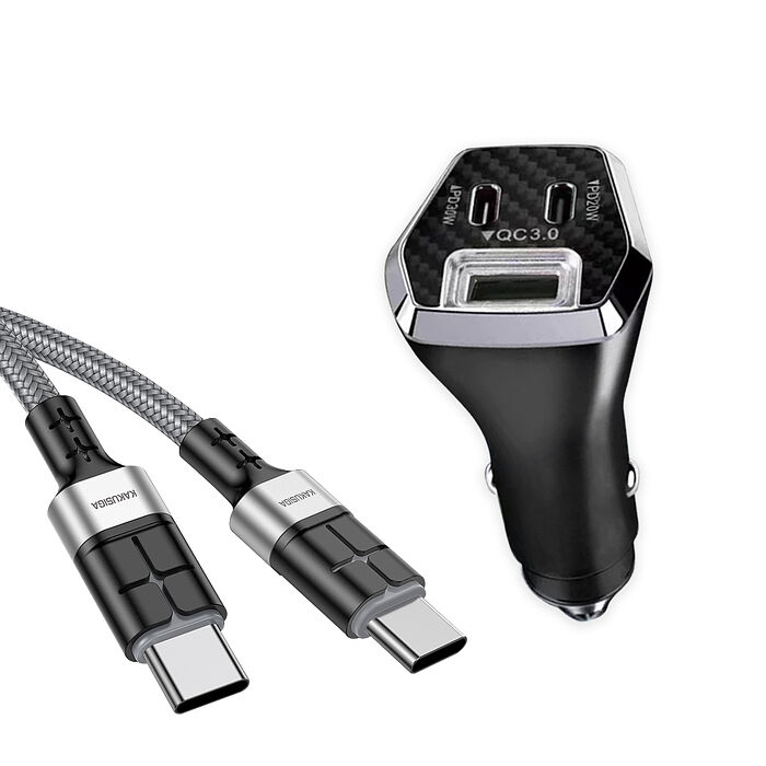 City 50W車用充電器 Type-C/USB-A 3孔車充頭+60W抗彎折 Type-C to Type-C 鋁合金傳輸充電線