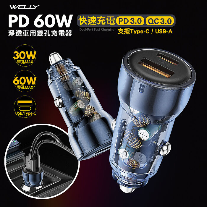 WELLY PD60W急速充電 PD+QC淨透雙孔車充頭 車用充電器