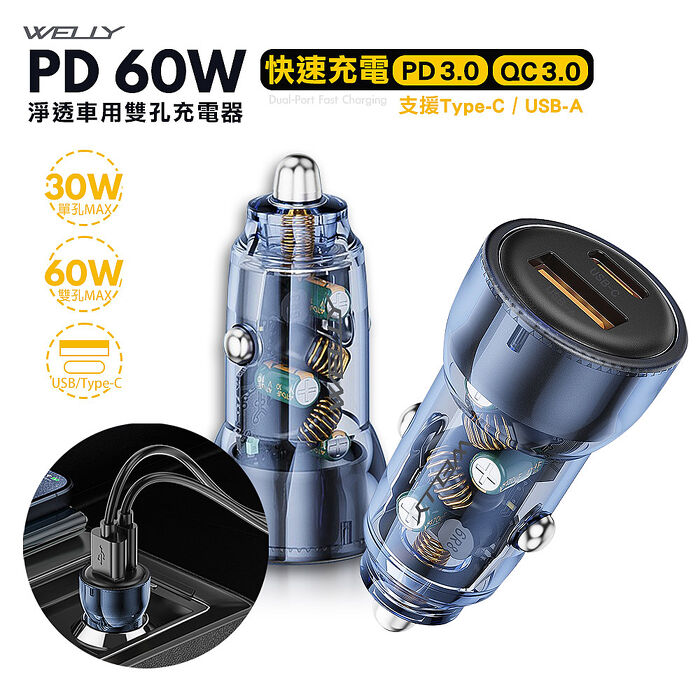 WELLY PD60W急速充電 PD+QC淨透雙孔車充頭 車用充電器