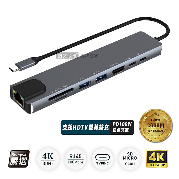 Songwin 8合1多功能HUB集線器 HDMI+Type-C+SD+TF+RJ45 Mac筆電擴充轉接器