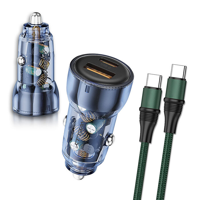 WELLY PD60W急速充電 PD+QC淨透雙孔車充頭+100W Type-C to Type-C 傳輸充電線(1.2M)
