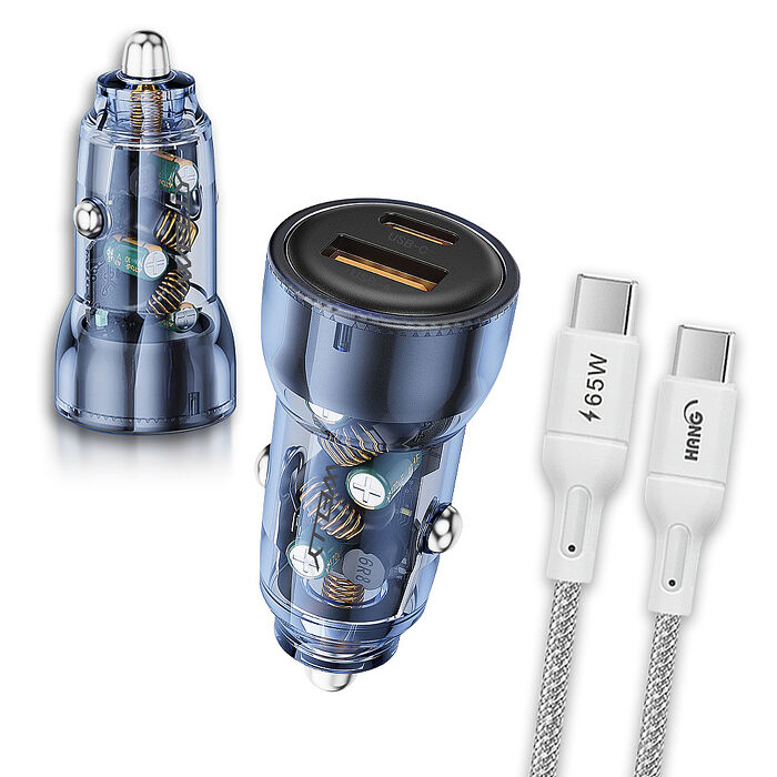 WELLY PD60W急速充電 PD+QC淨透雙孔車充頭+65W Type-C to Type-C 傳輸充電線(200cm)