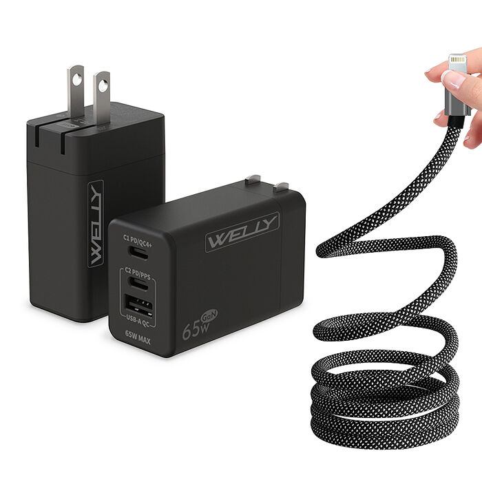WELLY 65W氮化鎵GaN 三孔極速充電器+Type-C / PD 磁吸秒收充電線(100cm)