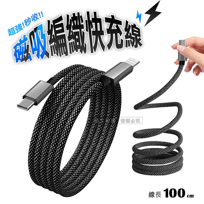 WELLY 65W氮化鎵GaN 三孔極速充電器+Type-C / PD 磁吸秒收充電線(100cm)