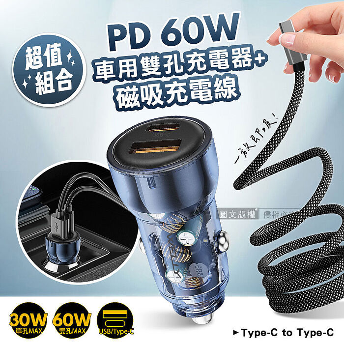 WELLY PD60W速充 PD+QC雙孔車充頭+Type-C / PD 磁吸秒收充電線(100cm)
