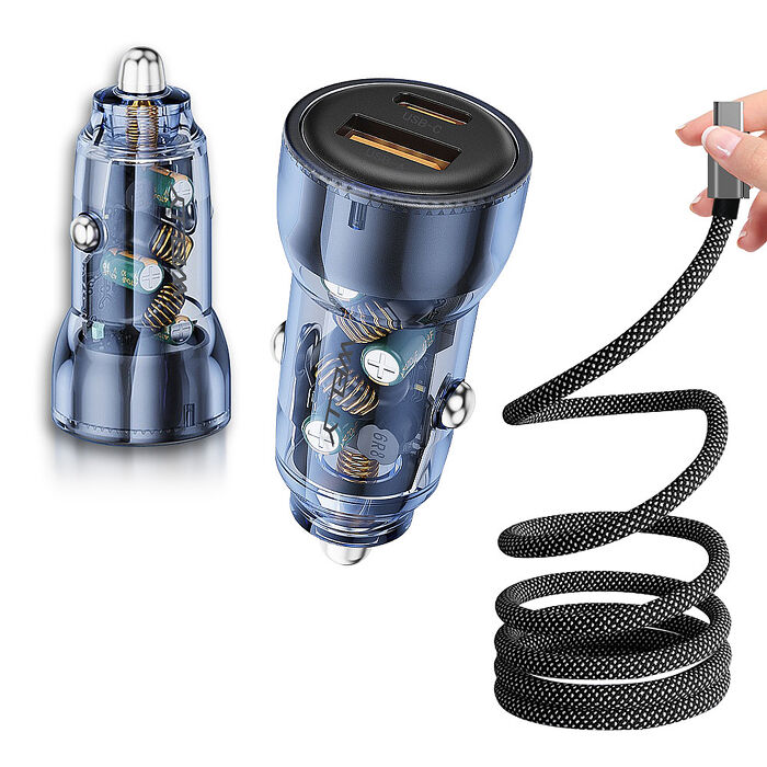 WELLY PD60W速充 PD+QC雙孔車充頭+Type-C / PD 磁吸秒收充電線(100cm)