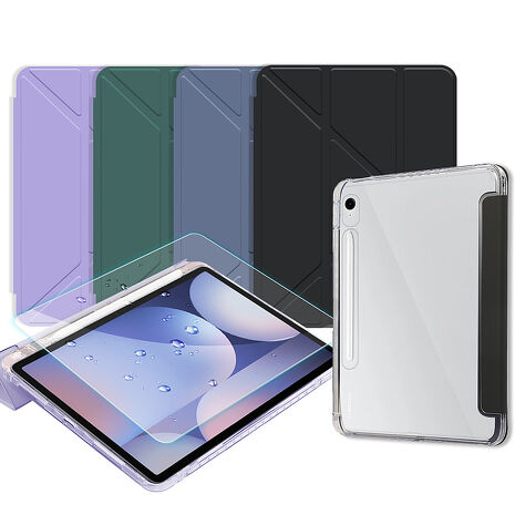 VXTRA 軍事防摔級 三星 Galaxy Tab S10 FE Y折晶透背蓋立架皮套+9H玻璃貼(合購價) X520 X526