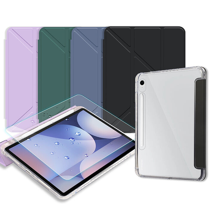 VXTRA 軍事防摔級 三星 Galaxy Tab S10 FE Y折晶透背蓋立架皮套+9H玻璃貼(合購價) X520 X526