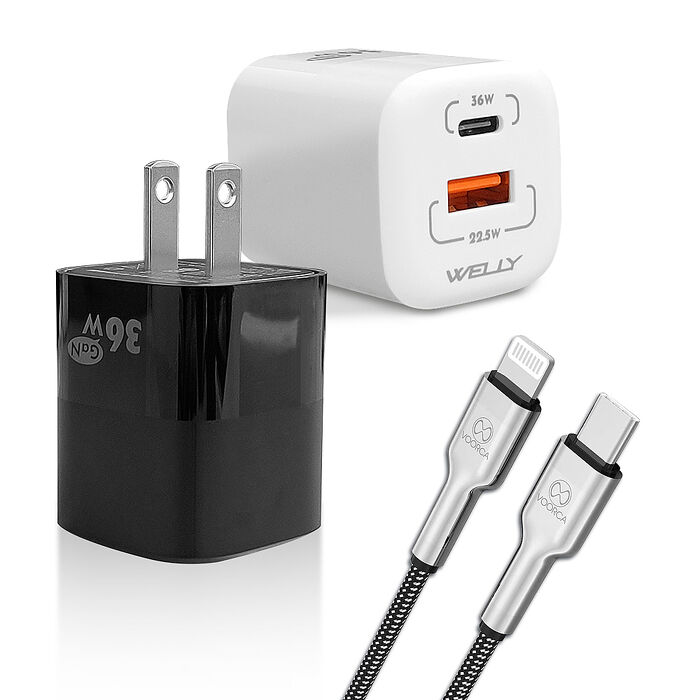 VOORCA 27W鋅合金快充 Type-C to Lightning 快充線+雙孔氮化鎵充電器
