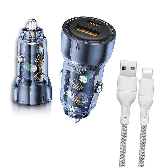 WELLY PD60W急速充電 PD+QC淨透雙孔車充頭+USB to Lightning 耐拉編織充電線(100CM)