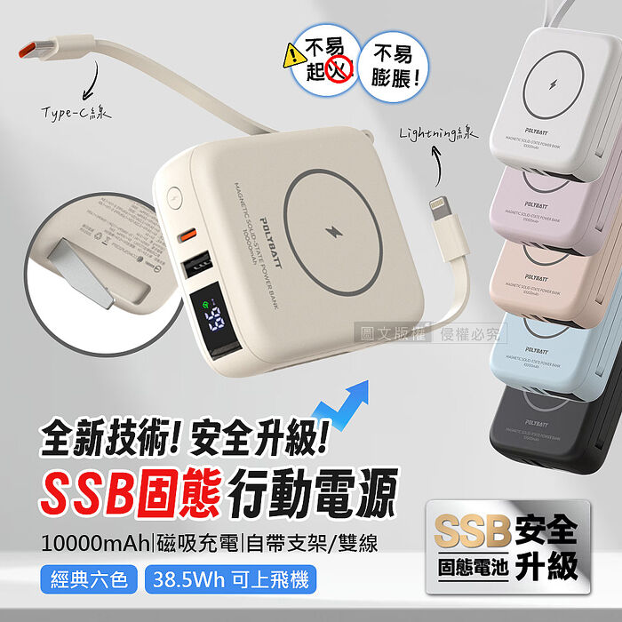 VOORCA 超薄款 10000mah 3合1無線充行動電源 雙面磁吸功能+隱形立架+自帶USB-C線