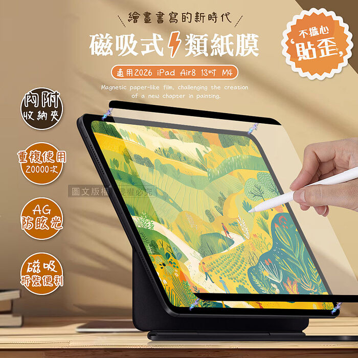 Antiglare 2026 iPad Air8 13吋 M4 磁吸可拆式類紙膜 繪畫筆記專用膜保護貼