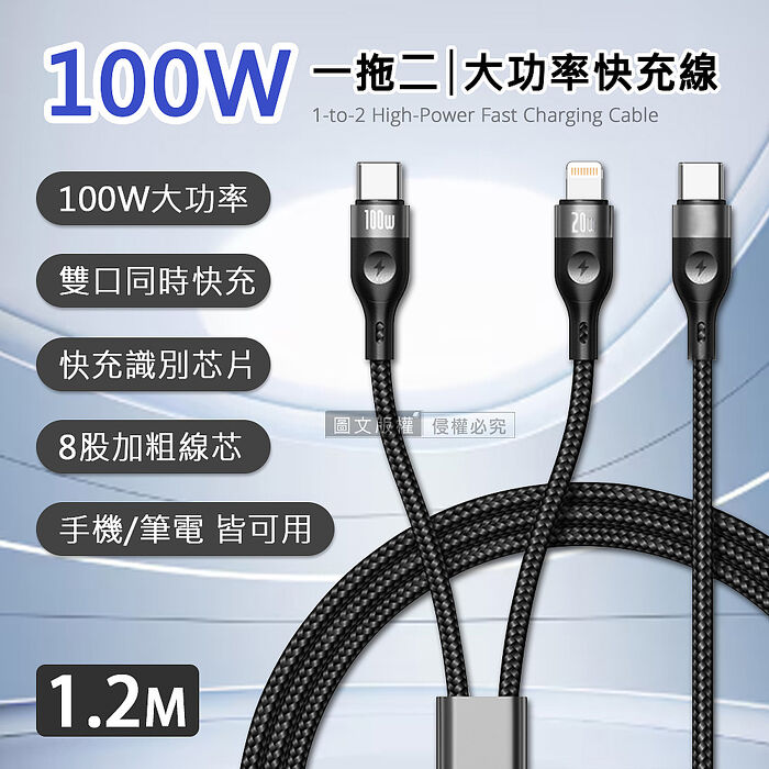 100W 一拖二超大功率快充線 Type-C to Type-C+Lightning 二合一編織充電線(1.2M)