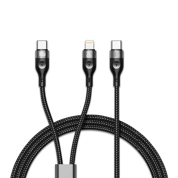 100W 一拖二超大功率快充線 Type-C to Type-C+Lightning 二合一編織充電線(1.2M)
