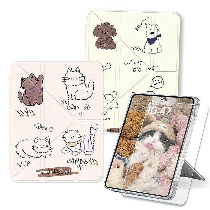 VXTRA 療癒萌寵 2025 iPad 11代/2022 iPad 10代 共用 Y折晶透 防摔立架皮套+9H玻璃貼(合購價)