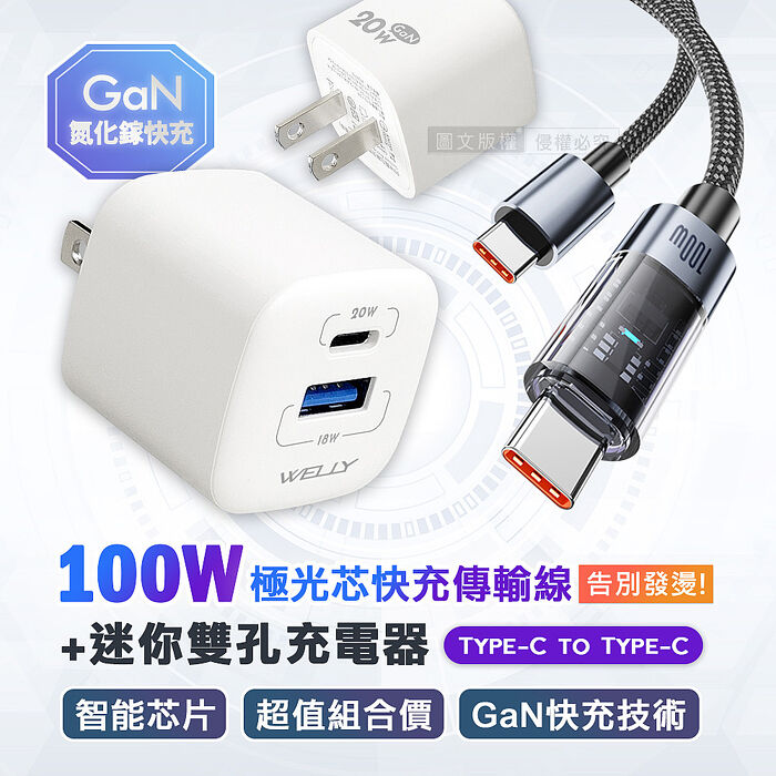 100W 極光芯 Type-C to Type-C 耐拉傳輸充電線+雙輸出迷你氮化鎵充電器