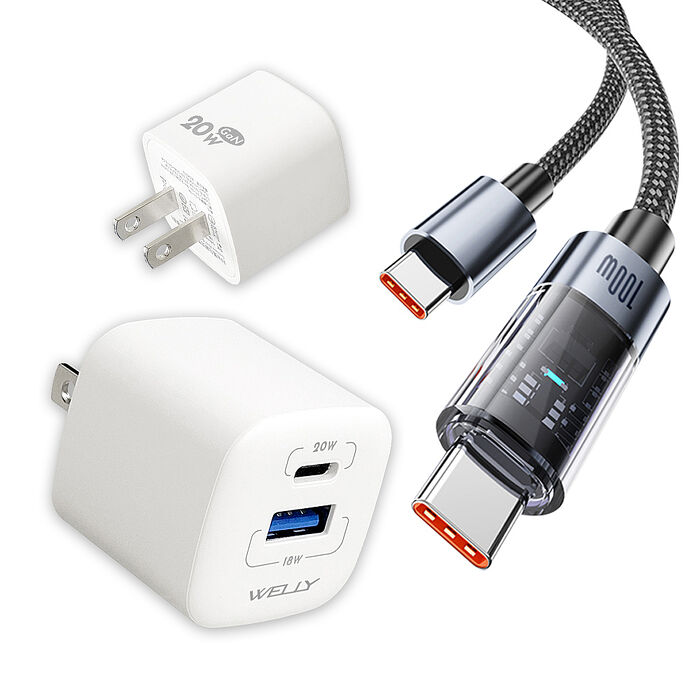 100W 極光芯 Type-C to Type-C 耐拉傳輸充電線+雙輸出迷你氮化鎵充電器
