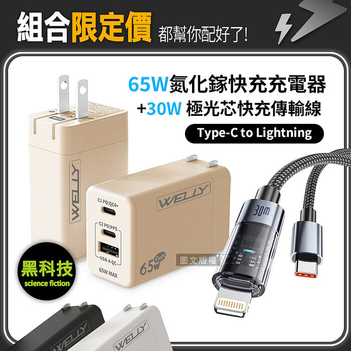 30W 極光芯 Type-C to Lightning 耐拉傳輸充電線+65W氮化鎵GaN 三孔極速充電器