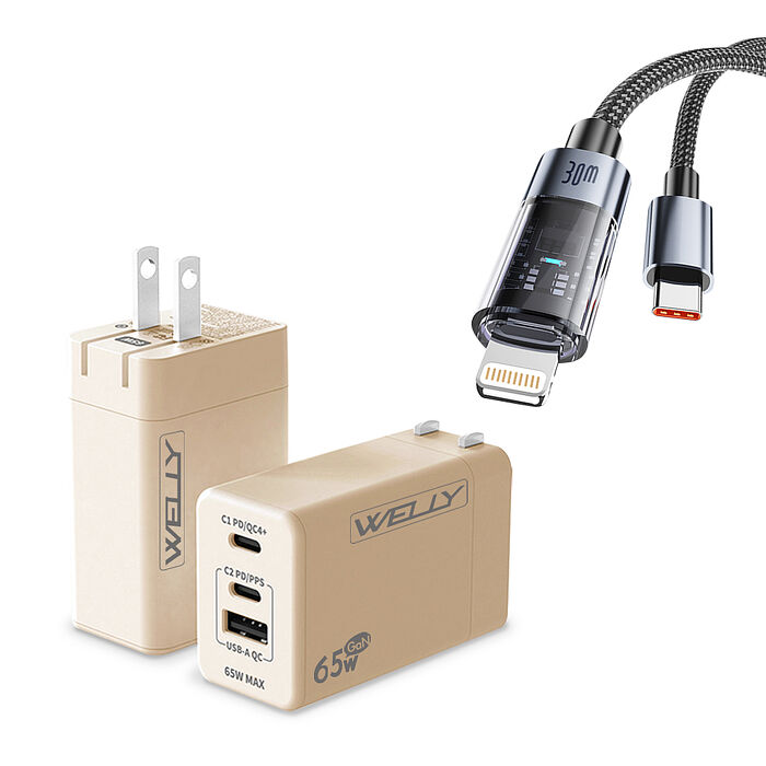 30W 極光芯 Type-C to Lightning 耐拉傳輸充電線+65W氮化鎵GaN 三孔極速充電器