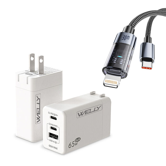 30W 極光芯 Type-C to Lightning 耐拉傳輸充電線+65W氮化鎵GaN 三孔極速充電器