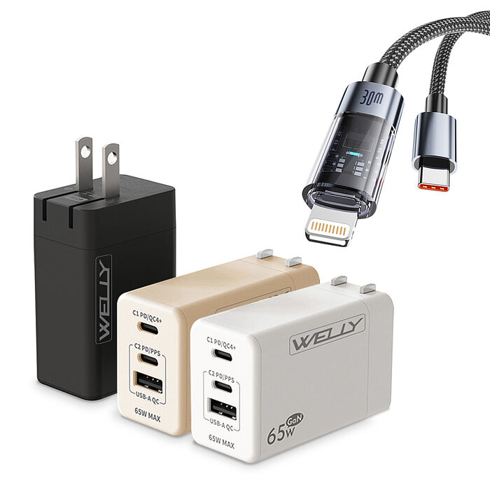 30W 極光芯 Type-C to Lightning 耐拉傳輸充電線+65W氮化鎵GaN 三孔極速充電器