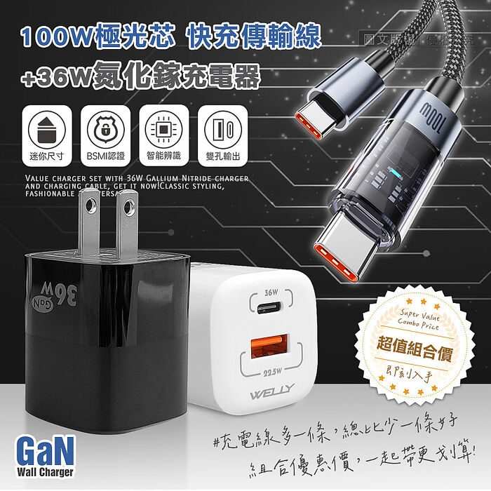 100W 極光芯 Type-C to Type-C 耐拉傳輸充電線+36W氮化鎵GaN 迷你雙孔充電器