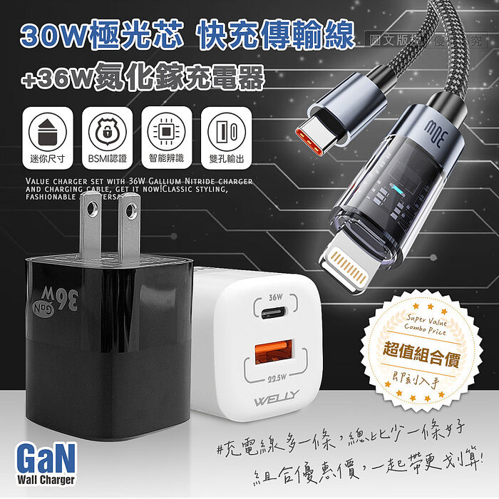 30W 極光芯 Type-C to Lightning 耐拉傳輸充電線+HANG 40W氮化鎵GaN USB-C快充頭