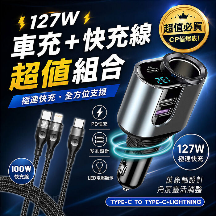 Songwin 127W大輸出 PD+QC金屬萬向軸車充+100W 一拖二 Type-C to Type-C+Lightning 編織快充線