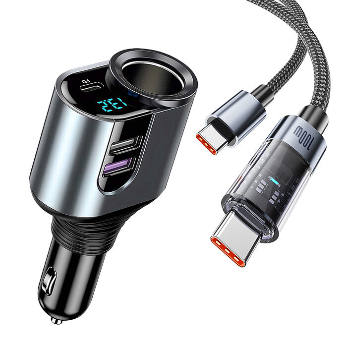 Songwin 127W大輸出 PD+QC金屬萬向軸車充+100W 極光芯 Type-C to Type-C 耐拉傳輸充電線