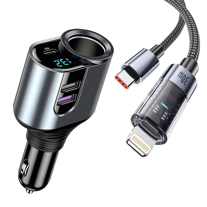 Songwin 127W大輸出 PD+QC金屬萬向軸車充+30W 極光芯 Type-C to Lightning 耐拉傳輸充電線