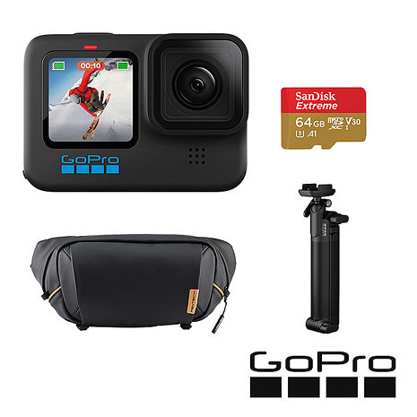 GoPro HERO 10 獨家潮流套組 (HERO10單機+ONE GO 胸包-曜石黑+三向多功能自拍桿2.0+64G記憶卡) 公司貨
