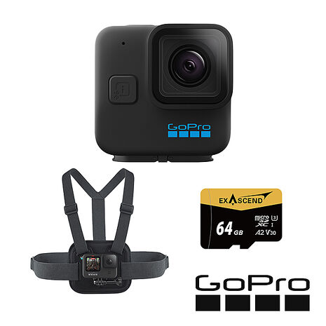 GoPro HERO 11 Black Mini 探險套組 (HERO11Mini單機+胸前綁帶+64G記憶卡) 公司貨