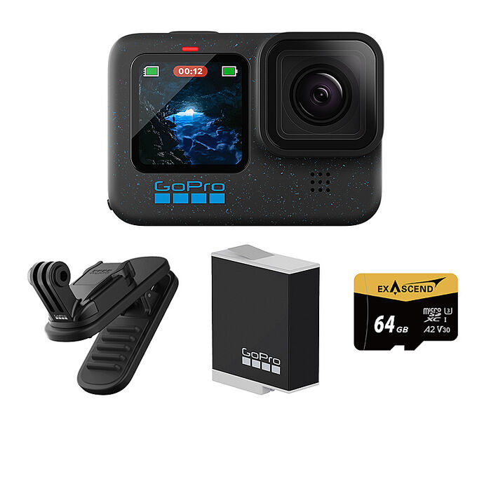 GoPro HERO 12 Black 全方位攝影套組 (HERO12單機+磁吸旋轉夾+Enduro原廠充電電池+64G記憶卡) 公司貨