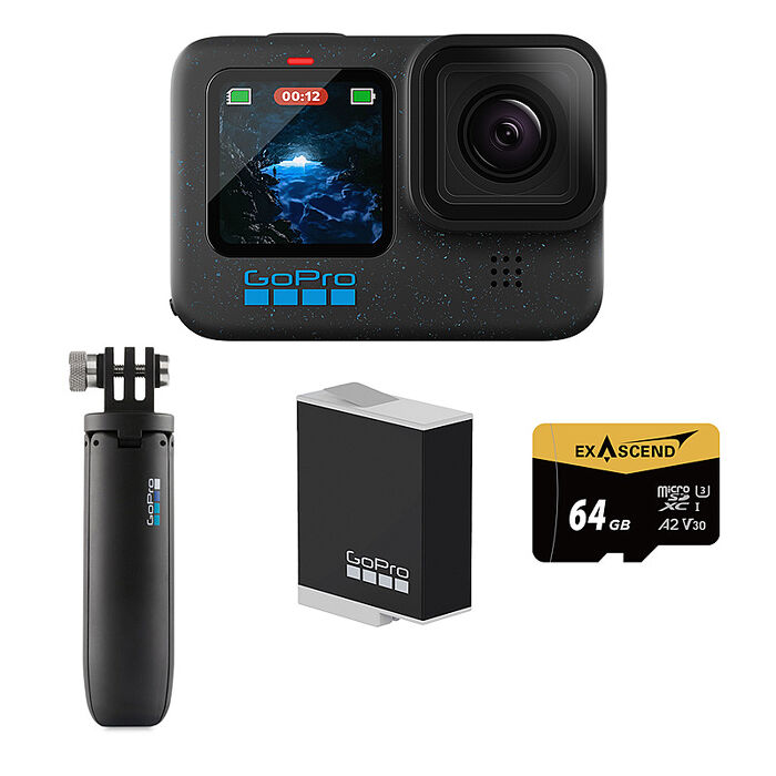 GoPro HERO 12 Black 輕旅自拍套組 (HERO12單機+Shorty迷你延長桿+腳架+Enduro原廠充電電池+64G記憶卡) 公司貨