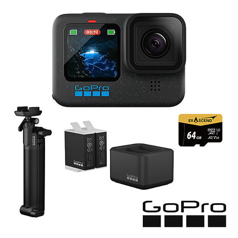 GoPro HERO 12 Black 三向自拍套組 (HERO12單機+三向多功能自拍桿2.0+Enduro雙座充+雙電池+64G記憶卡) 公司貨