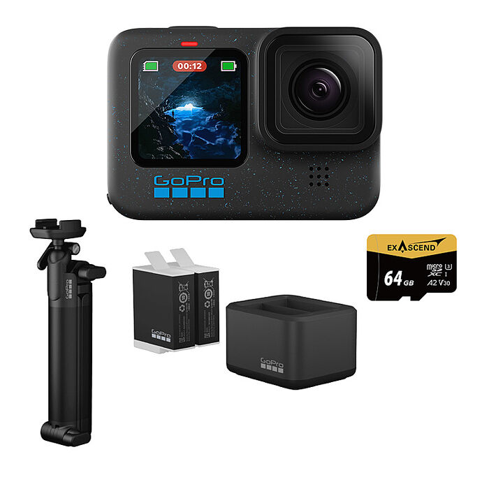 GoPro HERO 12 Black 三向自拍套組 (HERO12單機+三向多功能自拍桿2.0+Enduro雙座充+雙電池+64G記憶卡) 公司貨