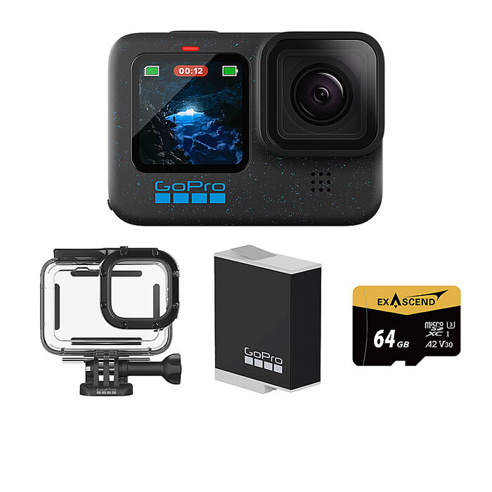 GoPro HERO 12 Black 潛水行家套組 (HERO12單機+60m潛水防護殼+Enduro原廠充電電池+64G記憶卡) 公司貨