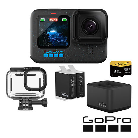 GoPro HERO 12 Black 潛水超續航套組 (HERO12單機+60m潛水防護殼+Enduro雙座充+雙電池+64G記憶卡) 公司貨