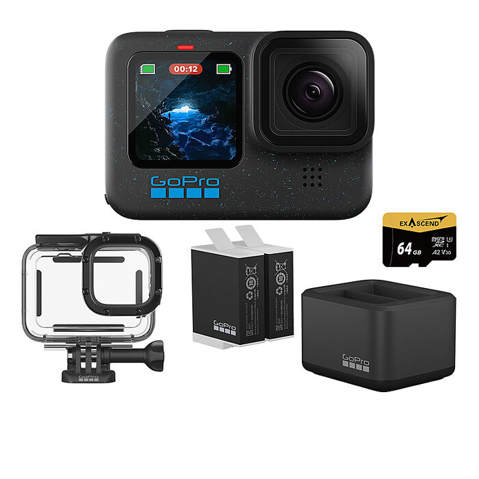 GoPro HERO 12 Black 潛水超續航套組 (HERO12單機+60m潛水防護殼+Enduro雙座充+雙電池+64G記憶卡) 公司貨