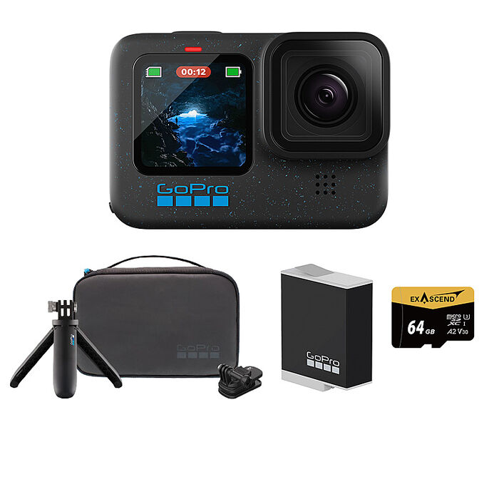 GoPro HERO 12 Black 旅遊輕裝套組 (HERO12單機+旅行套件組+Enduro原廠充電電池+64G記憶卡) 公司貨